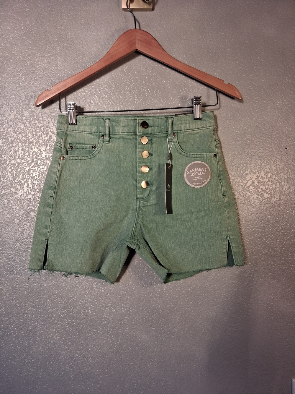 Tractr High-Waist Sage Green Denim Shorts with Button Fly